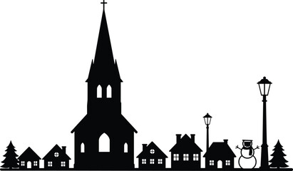 Fototapeta premium PrintWinter village silhouette scene, Christmas church houses, snowman pine tree, festive holiday design, black vector illustration, seasonal graphic, peaceful landscape