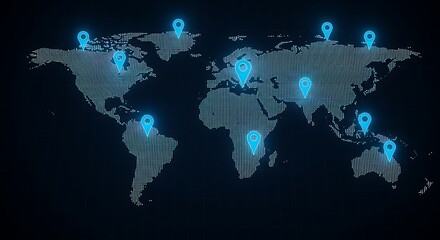 Stylized world map with glowing blue location pins, representing global reach, travel destinations, and network points