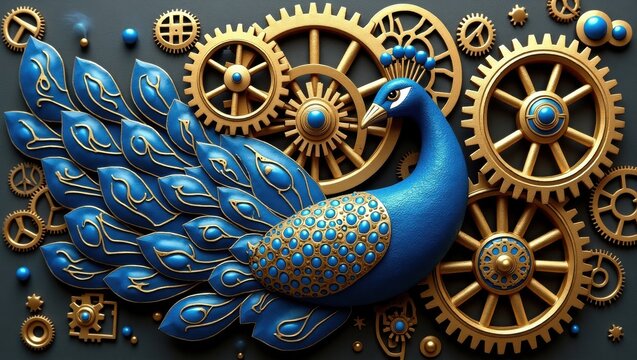 Steampunk peacock with ornate golden gears and clockwork elements