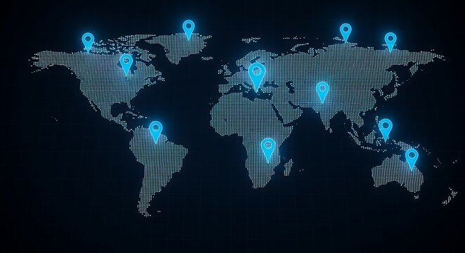 Stylized world map with glowing blue location pins, representing global reach, travel destinations, and network points - Powered by Adobe