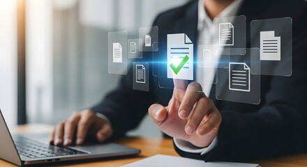 Business professional interacting with digital documents and approval icons on screen
