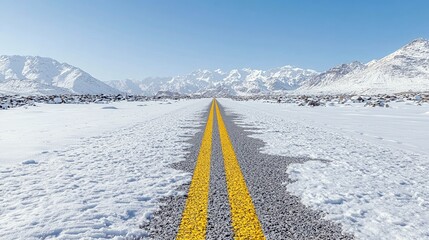 A desolate, snow-covered road with bright yellow lines leads through a winter landscape towards majestic, snow-capped mountains under a clear blue sky.
