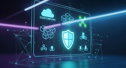 Digital security shield on a futuristic screen with glowing neon lines and abstract network connections