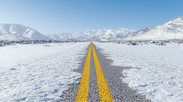 A desolate, snow-covered road with bright yellow lines leads through a winter landscape towards majestic, snow-capped mountains under a clear blue sky.