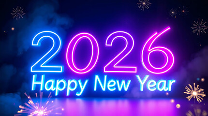 Neon glow 2026 happy new year sign with vibrant blue and magenta lettering, festive fireworks exploding in the dark sky, celebrating future and fresh starts, digital holiday greeting design.