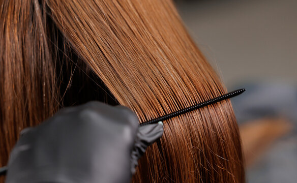Female haircare, keratin treatment on smooth, shiny brown hair