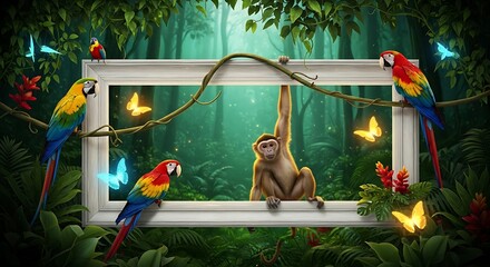Enchanting Jungle Portrait A Monkey's Glimpse into a Vibrant Ecosystem