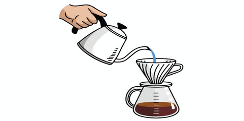 Pour Over Coffee Brewing Vector Illustration: Hand Pouring Hot Water from Gooseneck Kettle into Dripper and Glass Carafe - Perfect for Cafe Menus, Barista Guides, and Specialty Coffee Shop Branding