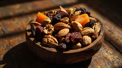 Delicious mix of nuts and dried fruits in a wooden bowl on a rustic table