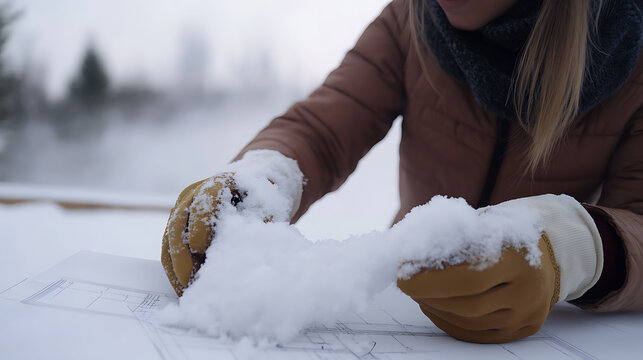 Woman studying construction plan with snow. Architect reviews blueprints amidst winter backdrop, snow on the papers, and gloves; creating contrast & seasonal charm. - Powered by Adobe