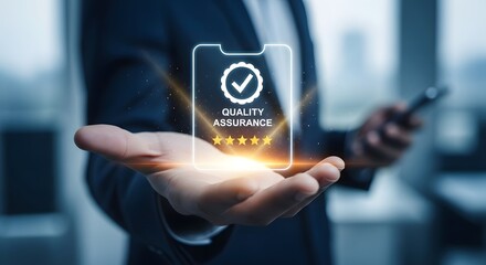 Businessman holding a holographic phone displaying quality assurance and customer satisfaction rating