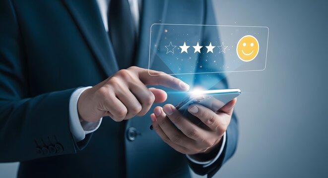 Businessman reviewing customer feedback and star ratings on a smartphone screen