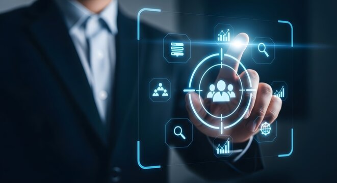 Businessman interacting with futuristic holographic interface displaying human resources and business analytics