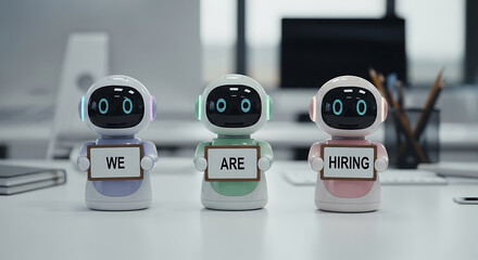 Robots Hiring Concept – Futuristic Recruitment Copy Space Poster, robot hiring, futuristic recruitment, AI hiring, recruitment poster, hiring concept, copy space design, robot workforce, digital hire
