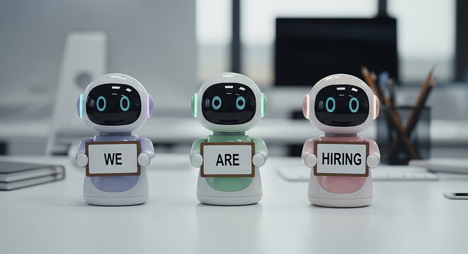 Robots Hiring Concept &ndash; Futuristic Recruitment Copy Space Poster, robot hiring, futuristic recruitment, AI hiring, recruitment poster, hiring concept, copy space design, robot workforce, digital hire
