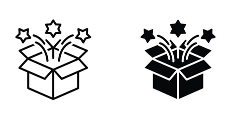  Surprise box icon illustration with stars, black and white minimalist style for celebration, magic, gift, and festive design themes