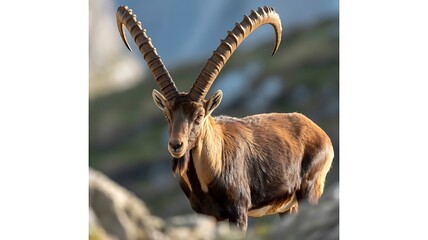 Majestic alpine ibex with impressive horns in its natural habitat.