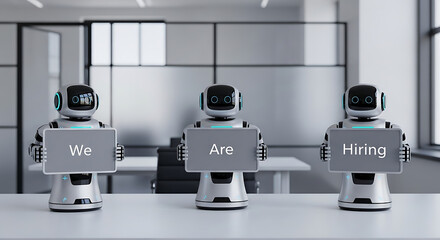 Robots Hiring Concept – Futuristic Recruitment Copy Space Poster, robot hiring, futuristic recruitment, AI hiring, recruitment poster, hiring concept, copy space design, robot workforce, digital hire
