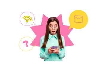 Art banner template design 3d collage sketch of shocked girl hold phone receive message communication chat dialogue wifi net