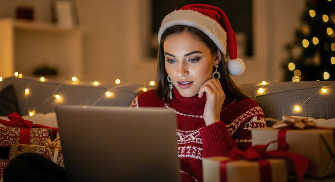 Young woman in Santa hat talking on phone while browsing laptop surrounded by Christmas gifts and twinkling lights, conveying holiday shopping concept. - Powered by Adobe
