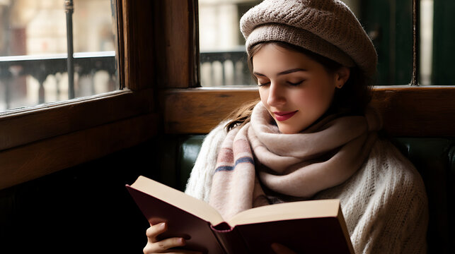 Lost in Literature: A young woman, adorned in a cozy beret and scarf, engrossed in a book by the window, creating a serene atmosphere filled with intellectual curiosity and warmth.