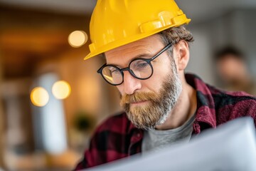 Architect reviewing blueprint wearing a hardhat and eyeglasses