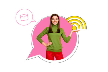 Creative poster banner 3d collage photo of happy girl peek text box bubble communication chatterbox dialogue wifi network