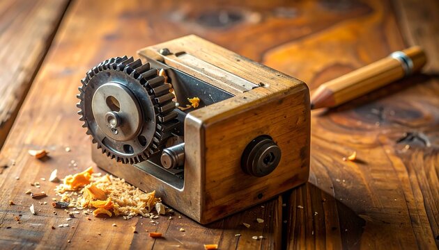 Close-up of a vintage pencil sharpener on a wooden surface, showing its mechanical parts and a pencil