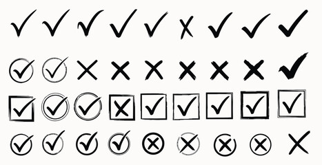 Collection of hand drawn check marks and crosses symbols © rudmila