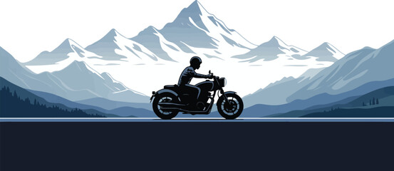 Motorcycle Riding On Open Road In Front of Mountain Range Vector Graphic Illustration For Travel and Adventure With Skyline Art © MDMUKTADIR