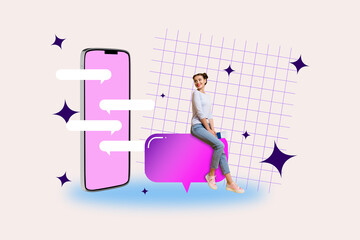 3d full poster banner po collage of happy girl sit bubble notification phone device chatterbox speech discussion messenger