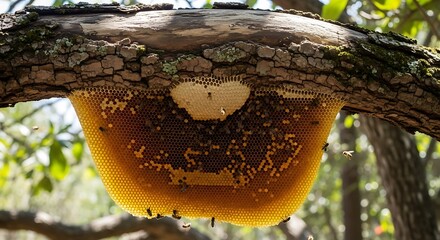 Wild Honeycomb Hanging from a Tree Branch with Bees.