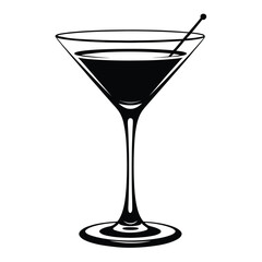  Elegant black and white martini glass illustration with cocktail pick, minimalist style for bar, restaurant, nightlife, and celebration themes