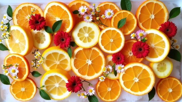 Vibrant sliced oranges and lemons with red flowers and green leaves