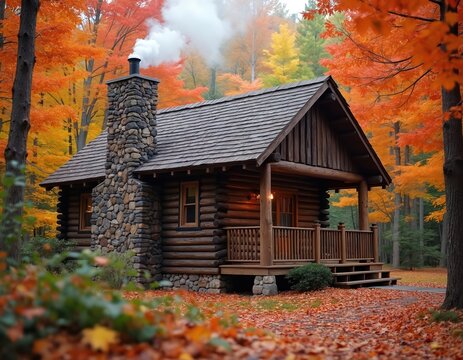 Rustic cabin nestled in woods with fall foliage. Smoke emerges from chimney. Cozy log home offers scenic view. Autumn leaves surround house, creating warm inviting country escape.