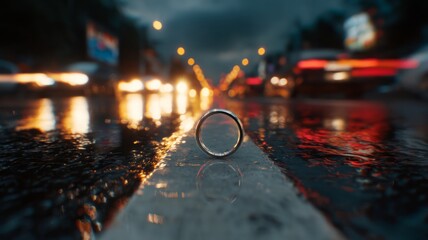 Lost ring on wet urban street at night. AI image