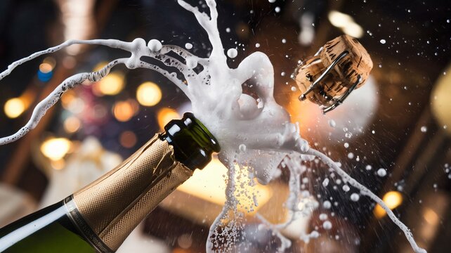 Champagne Bottle Popping Cork Explosion Spray Celebration Party Event
