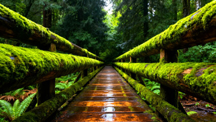 Enchanting wooden bridge adorned with vivid green moss inviting exploration into a serene, lush forest paradise for nature lovers