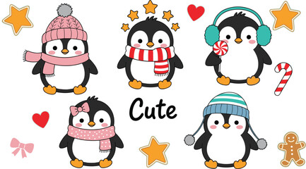 Cute cartoon penguins in winter outfits with hearts, stars, candy, and gifts for holiday celebration - flat vector illustration
