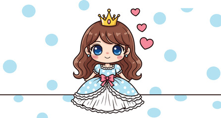 Cute cartoon princess girl with crown and hearts, wearing blue dress with bow, kids fairytale character, flat vector illustration © Mehebub Creatives