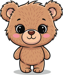 Cute cartoon teddy bear with big eyes and pink cheeks, standing upright for kids design and decor, flat vector illustration