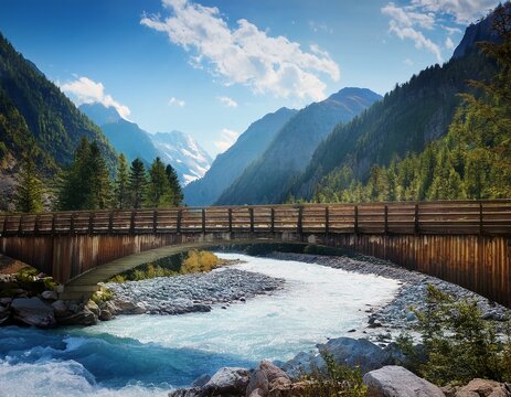 mountainous river valley bridge view