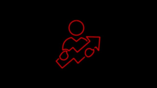 Neon red outline of a person with a briefcase and upward trending graph on black background silhouette
