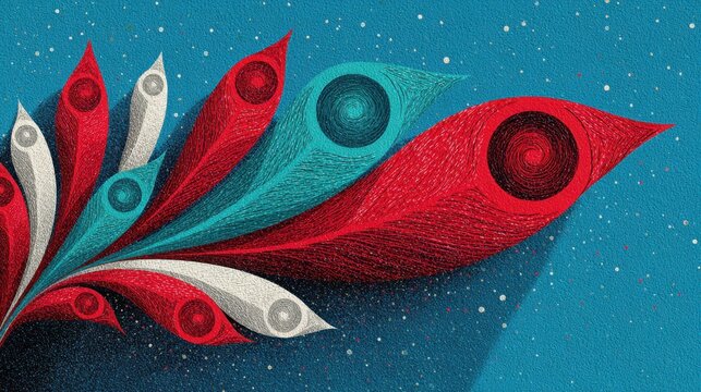 Abstract feather design with vibrant red, blue, and white swirls on textured background