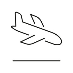 Airplane Landing Line Icon. Aircraft Touchdown, Aviation, And Travel Outline Symbol. Flight Arrival And Airport Operations. Editable Stroke. Isolated Vector Illustration