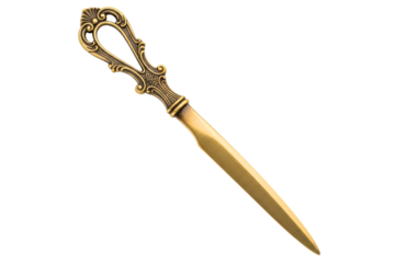 Ornate vintage-style bronze letter opener with a fancy handle isolated on a transparent background