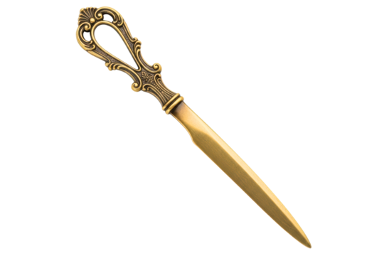 Ornate vintage-style bronze letter opener with a fancy handle isolated on a transparent background - Powered by Adobe