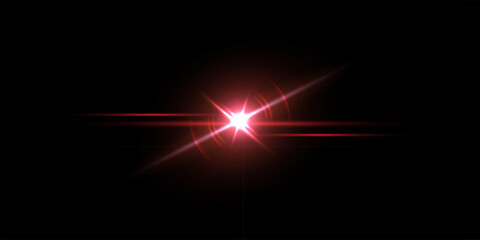 Light glare. Red light flare on dark background shows bright glowing star effect with radiant beams and soft lens reflections. Luminous vector illustration in vibrant energetic style
