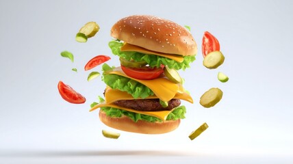 Layers of burger ingredients against white background. AI image
