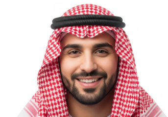 Smiling middle eastern man wearing traditional red and white keffiyeh headscarf and black agal isolated on transparent background